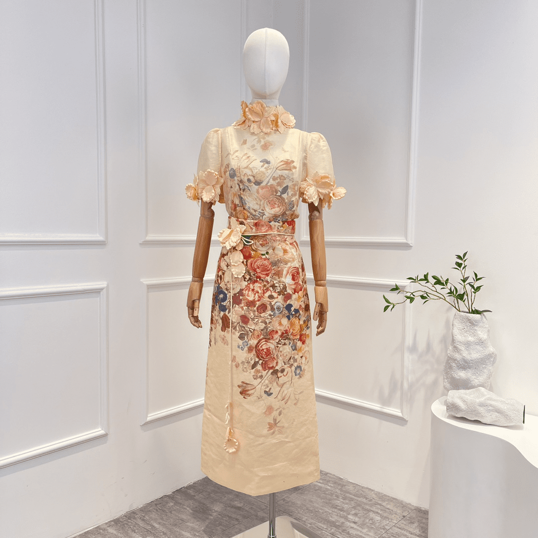 VÁY ZIMMERMANN Vintage Solid Short Sleeve Appliques Top and Midi Skirt Woman Set High Classy