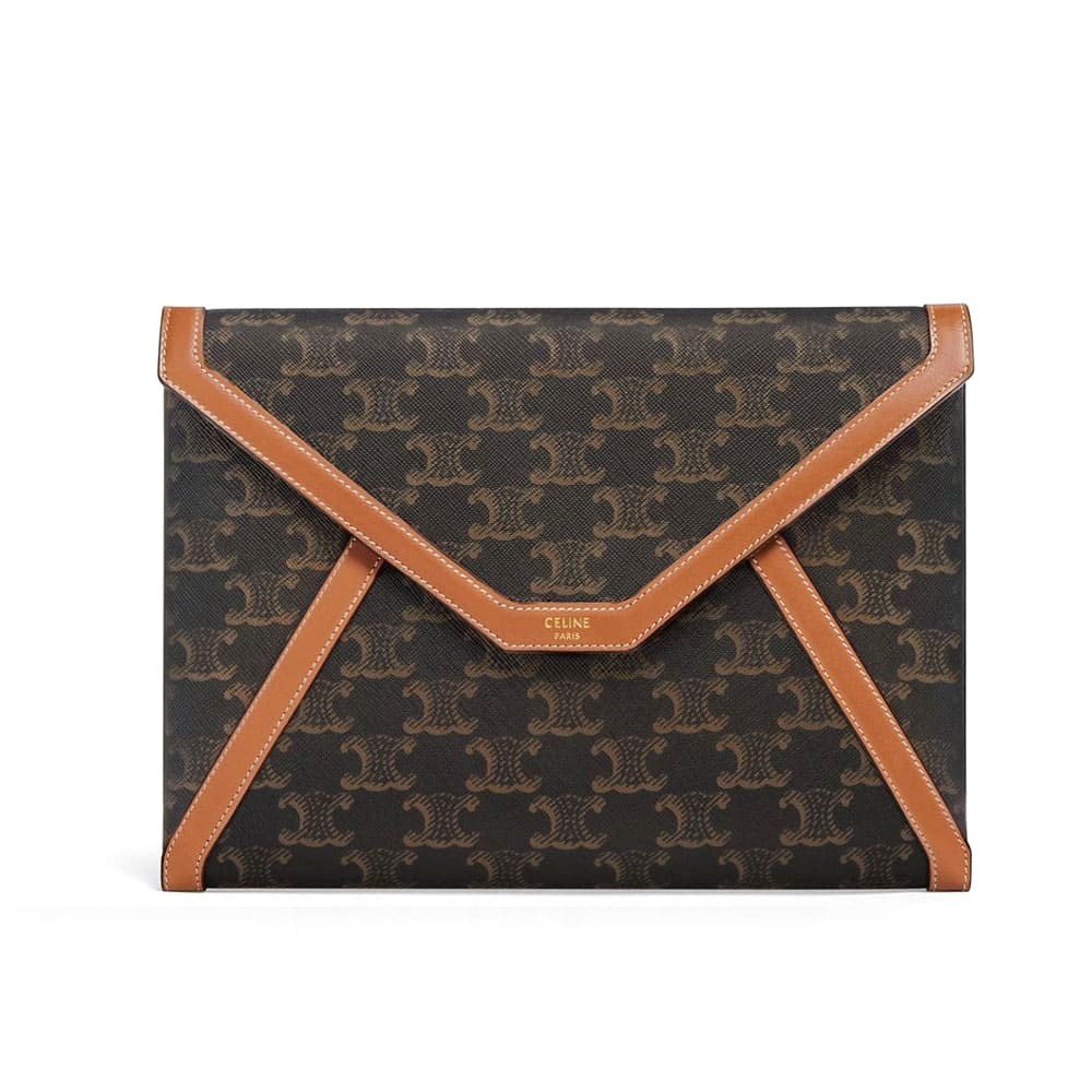 TÚI Celine Women Envelop Small Pouch in Triomphe Canvas and Calfskin-Tan