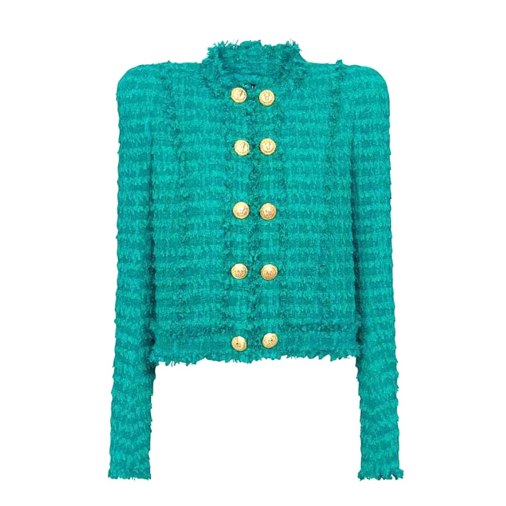 ÁO Balmain Women Fringed Tweed Jacket-Green