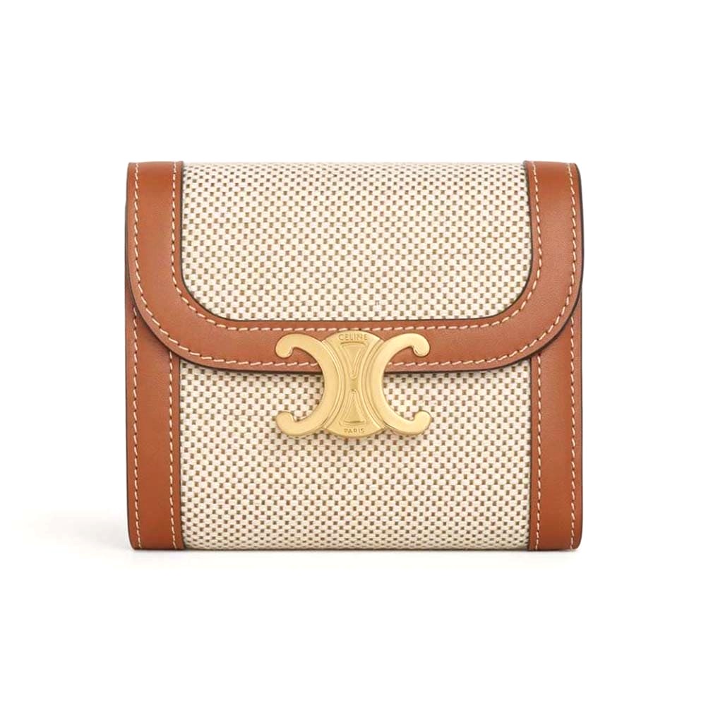 Ví Celine Women Small Triomphe Wallet in Textile and Calfskin-Brown