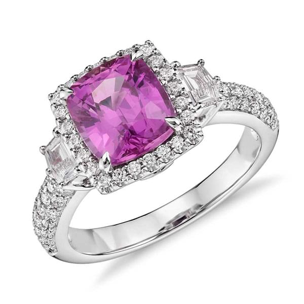 Cushion Cut Pink Sapphire with Diamond Halo Ring in 18k White Gold