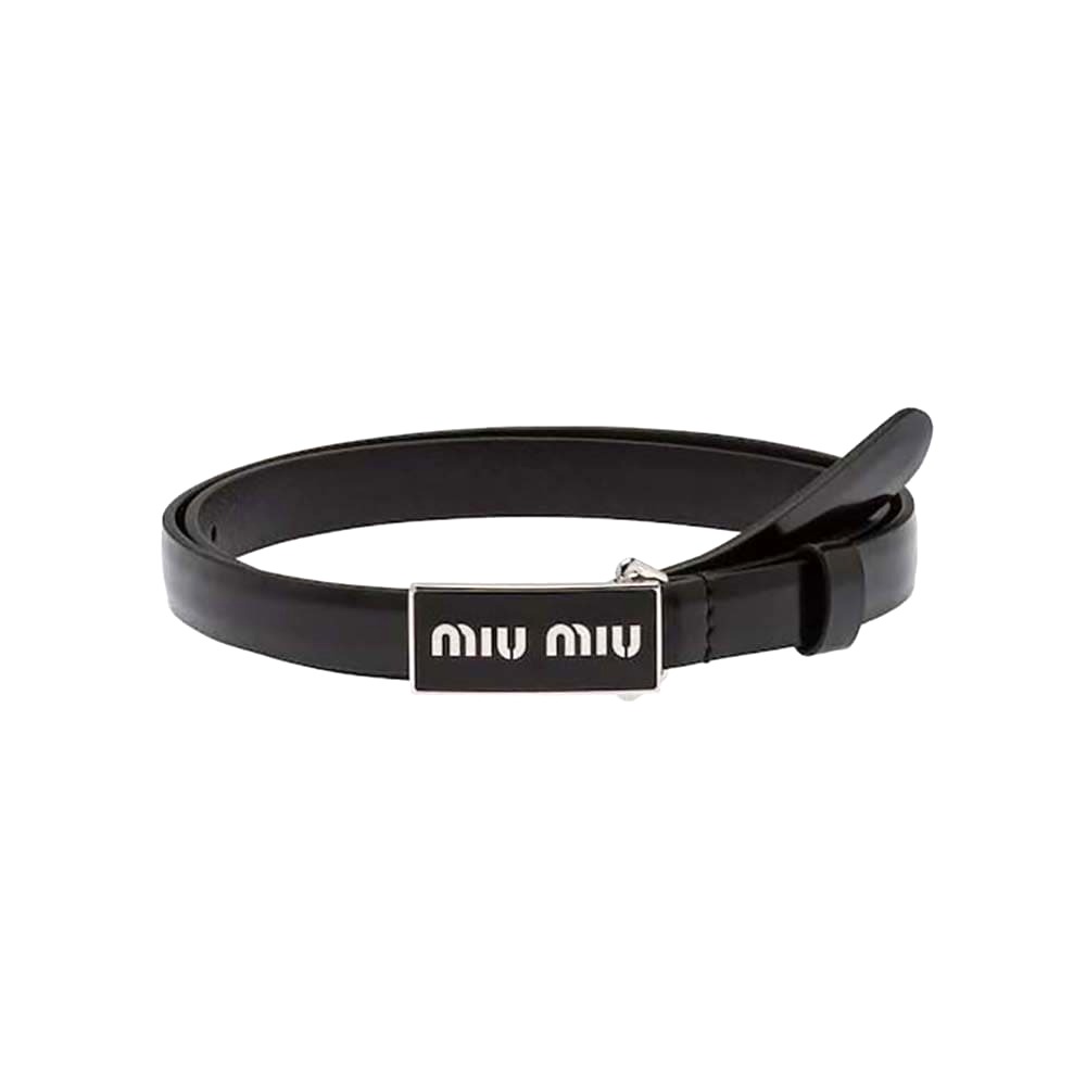 DÂY LƯNG Miu Miu Women Brushed Leather Belt with Enameled Metal Buckle-Black