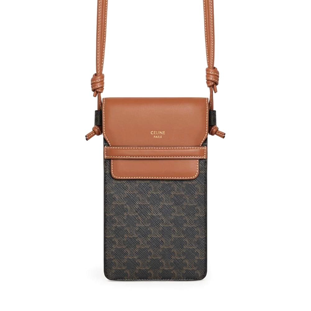 TÚI Celine Women Phone Pouch with Flap in Triomphe Canvas and Lambskin-Brown