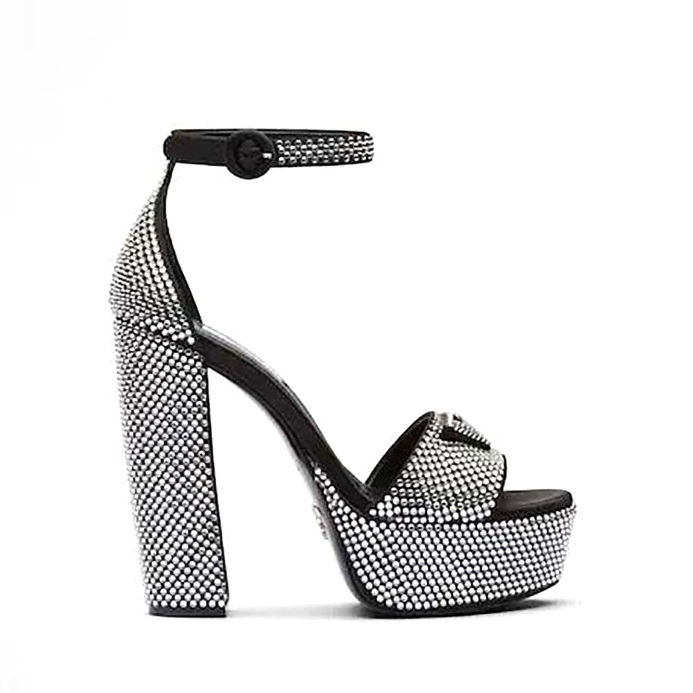 GIÀY Prada Women Satin Platform Sandals with Crystals-Black