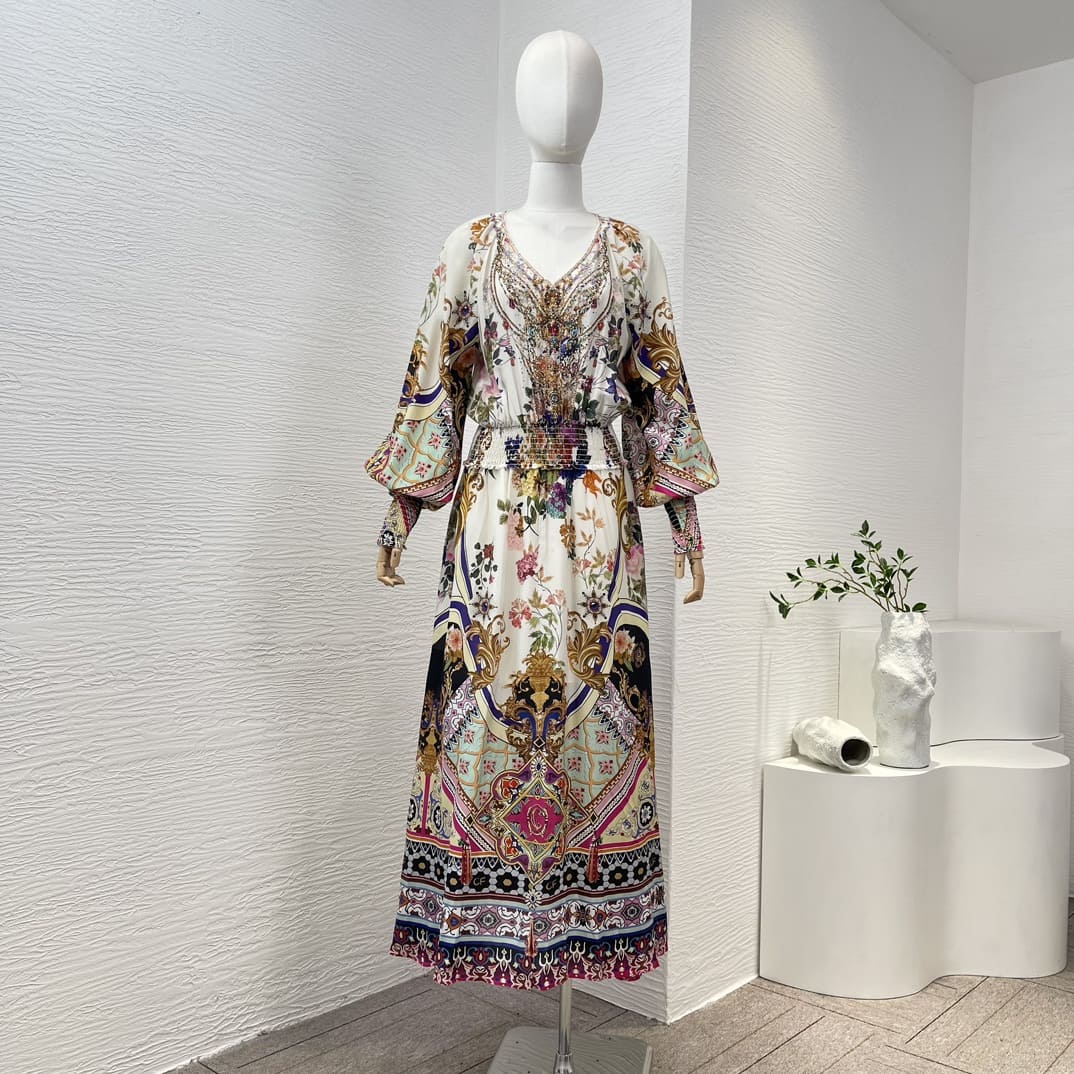 VÁY CAMILLA WorldCloset Floral Print White Long Sleeve Diamonds Midi Dress High Classy