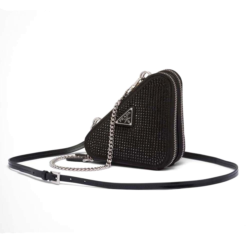 TÚI Prada Women Triangular Embellished Satin and Leather Mini-pouch-Black