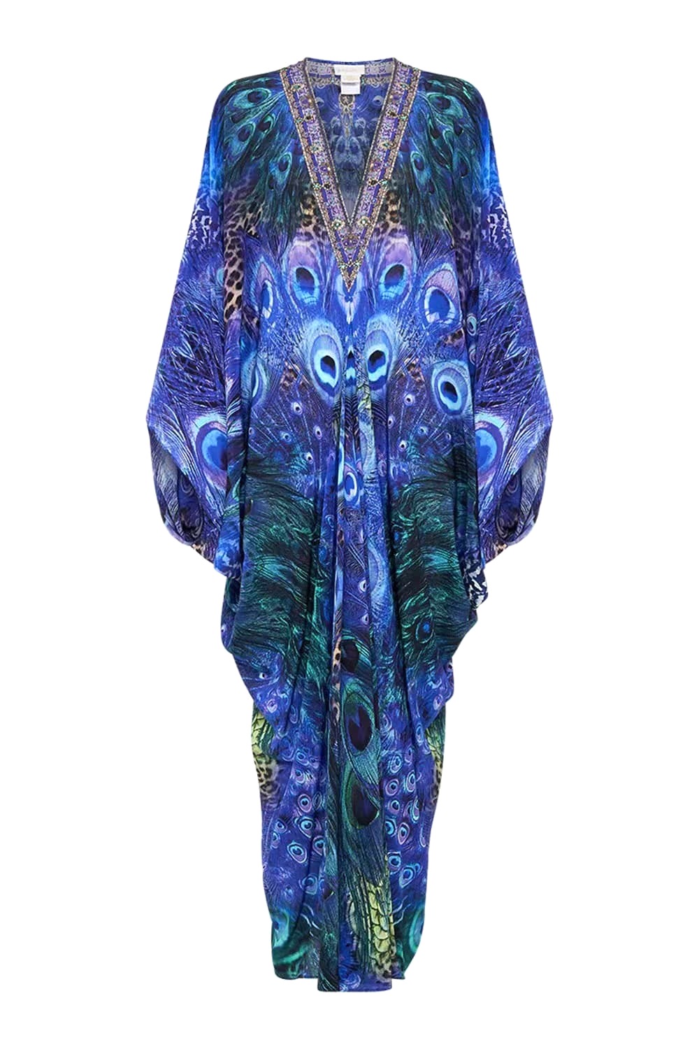 VÁY CAMILLA Silk Diamond Peacock Embellished V-Neck Maxi Dress High Classy Họa Tiết Lông Công