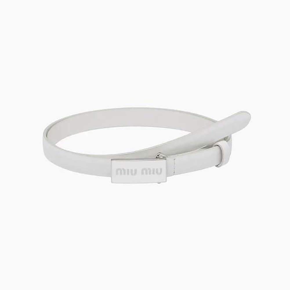 DÂY LƯNG Miu Miu Women Brushed Leather Belt with Enameled Metal Buckle-White