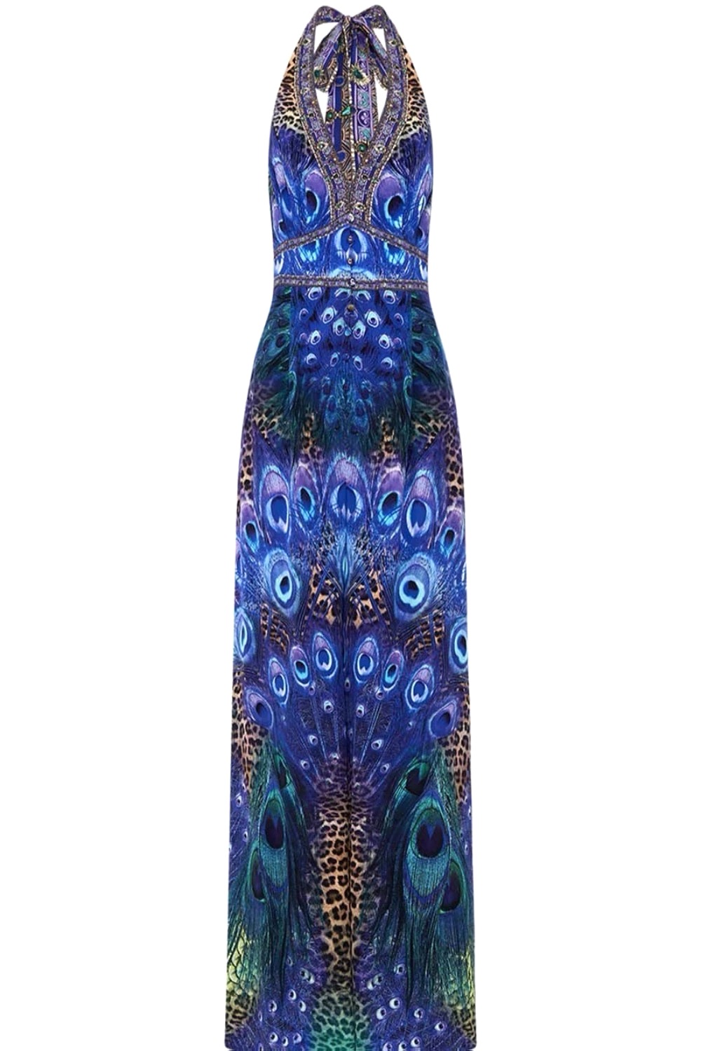 VÁY CAMILLA Silk Diamond Peacock Embellished V-Neck Maxi Dress High Classy Họa Tiết Lông Công