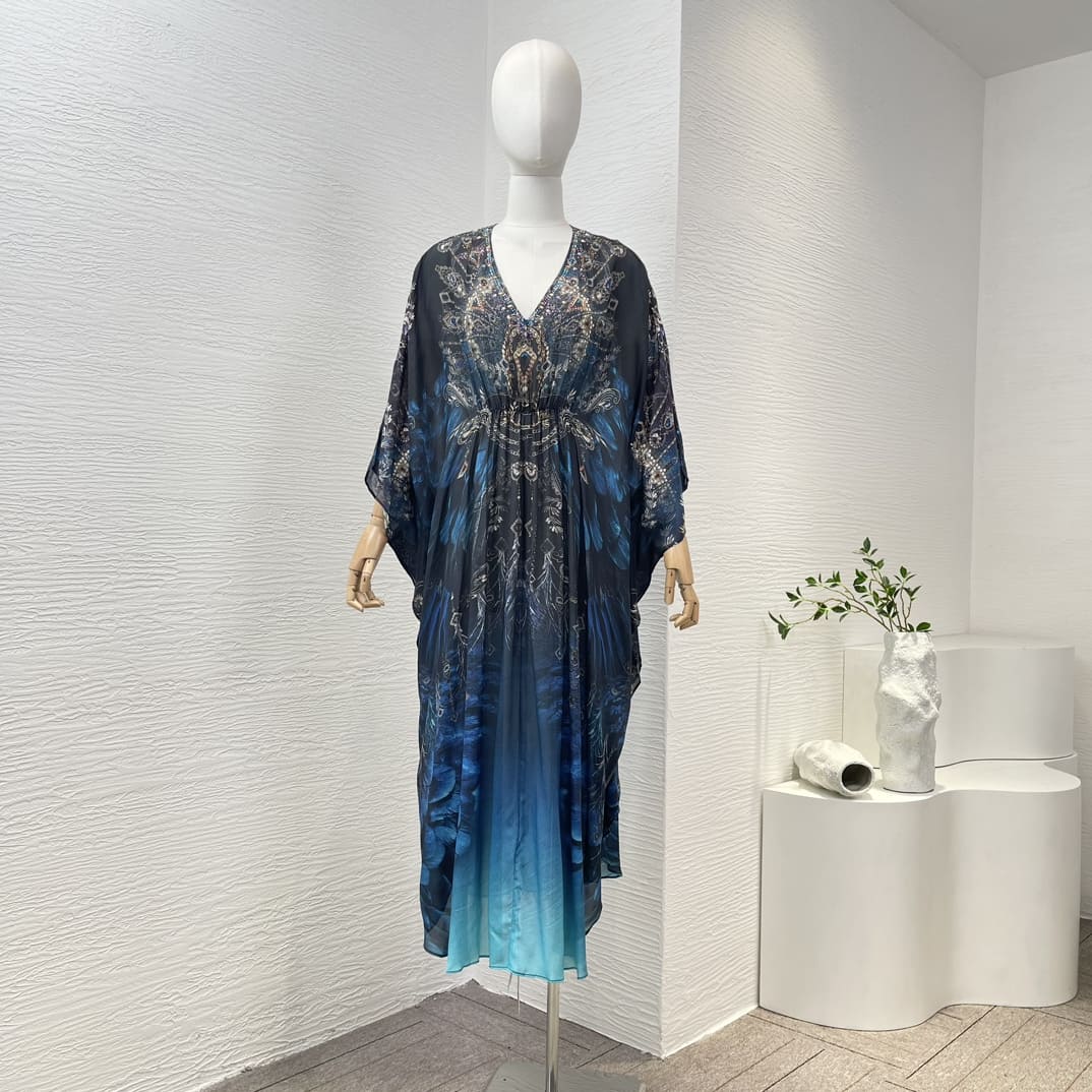 VÁY CAMILLA WorldCloset Dreaming Blue Diamonds Pressed Long Sleeve Midi Dress High Classy