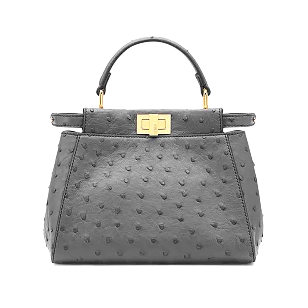 TÚI FENDI Women Peekaboo Iconic Mini Gray Ostrich Leather Bag DA ĐÀ ĐIỂU
