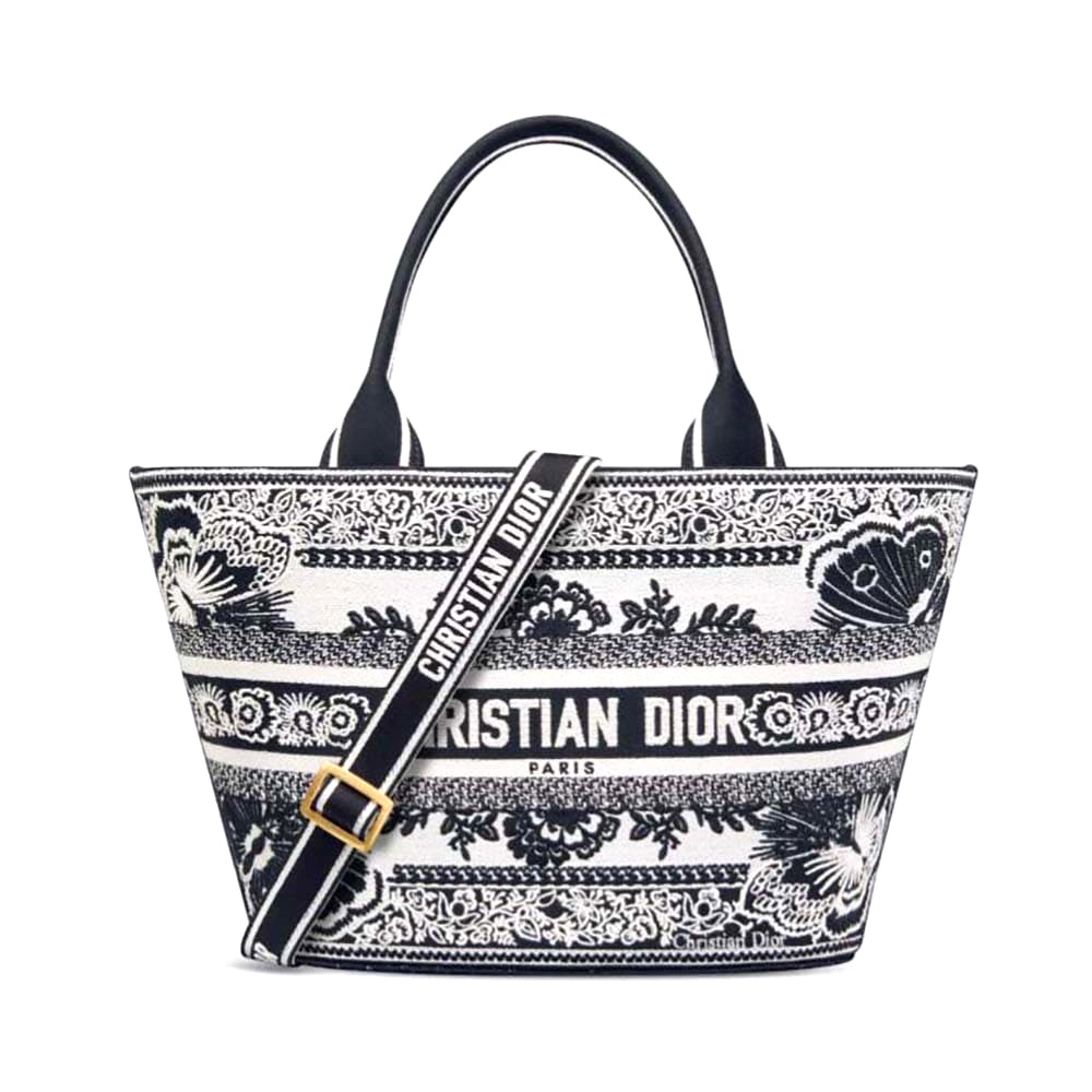 TÚI Dior Women Hat Basket Bag White and Black Butterfly Bandana Embroidery