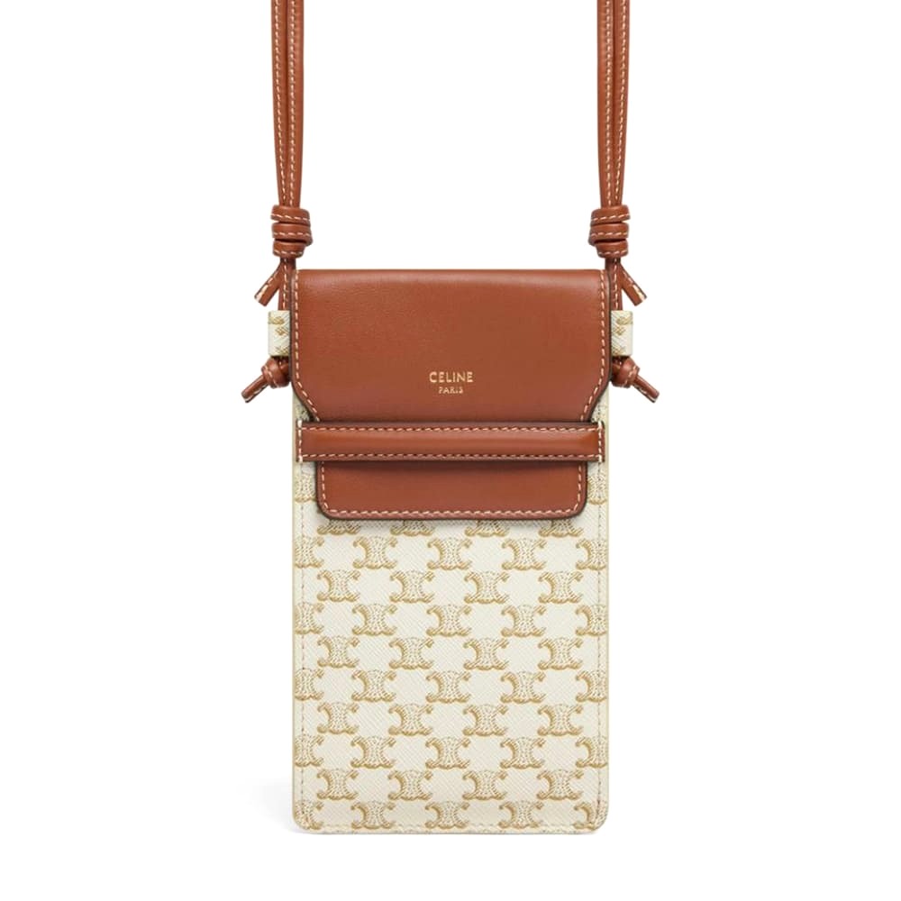 TÚI Celine Women Phone Pouch with Flap in Triomphe Canvas and Lambskin-Beige
