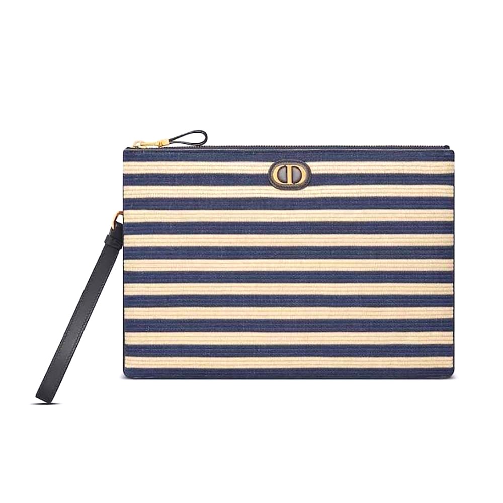 TÚI Dior Women Large Dior Caro Ddaily Pouch Natural and Denim Blue Marinière Raffia