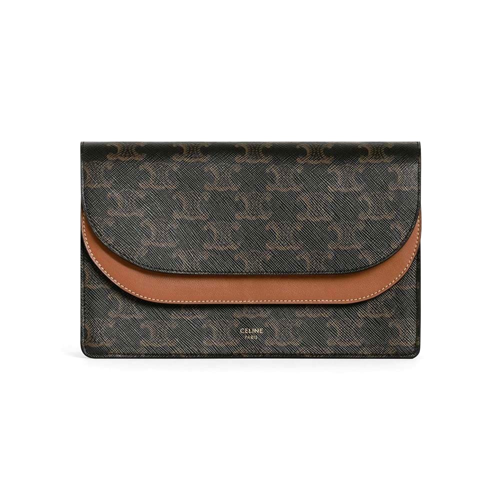 Ví Celine Women Wallet on Strap in Triomphe Canvas and Smooth Lambskin-Tan
