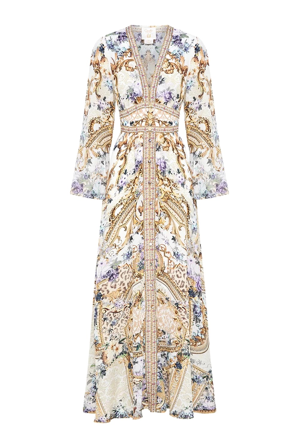 VÁY CAMILLA Silk Blue Cardigan Embellished V-Neck Maxi Dress High Classy Dài Tay