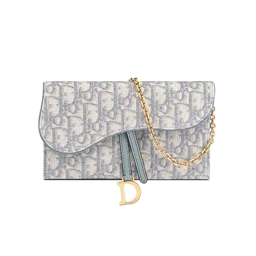 TÚI Dior Women Long Saddle Wallet with Chain Gray Dior Oblique Jacquard