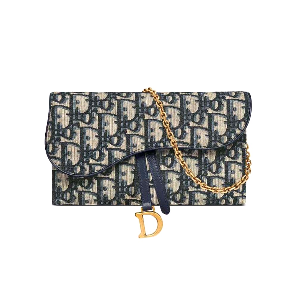 TÚI Dior Women Long Saddle Wallet with Chain Blue Dior Oblique Jacquard