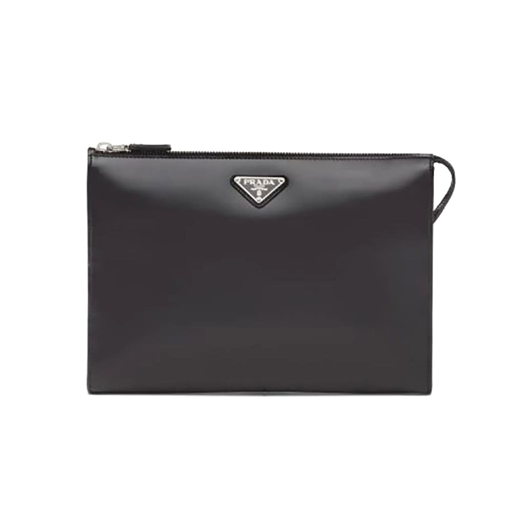 TÚI Prada Men Brushed Leather Pouch-Black