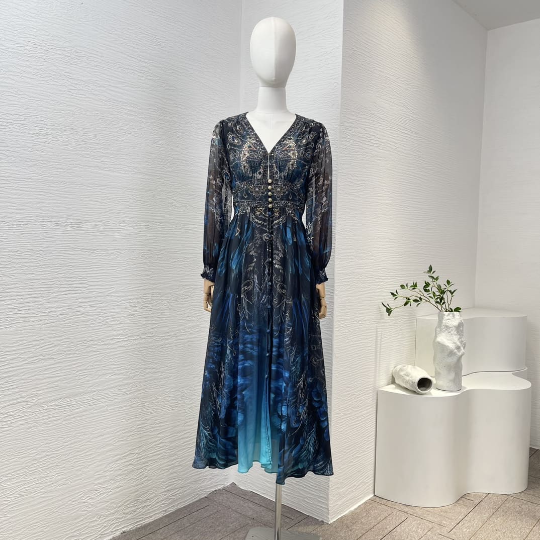 VÁY CAMILLA WorldCloset Diamonds Pressed Long Sleeve Blue Midi Dress High Classy