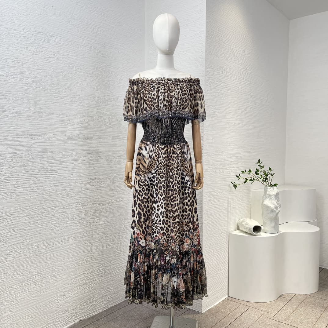 VÁY CAMILLA Worldcloset Diamonds Pressed Leopard Print Off the Shoulder Midi Dress High Classy