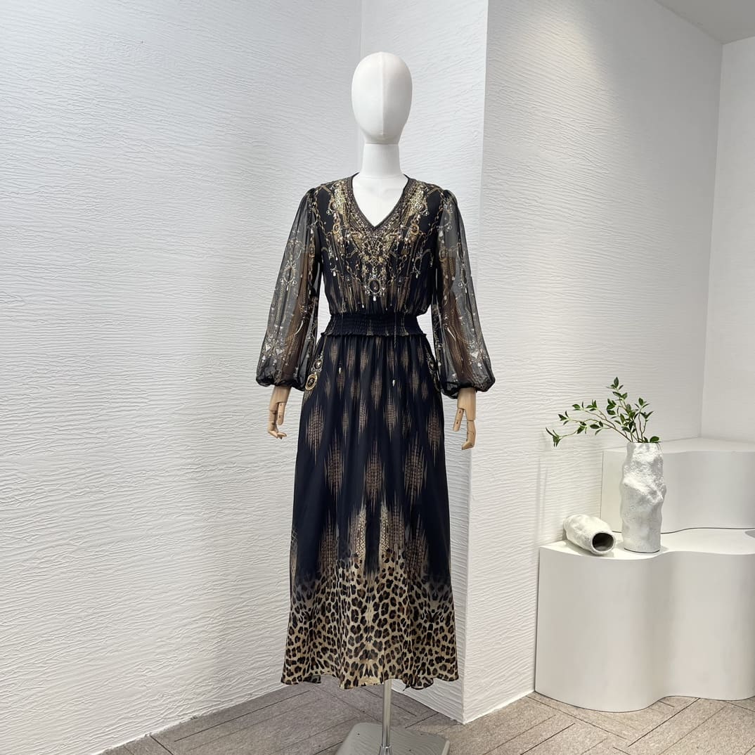 VÁY CAMILLA Vintage Black Leopard Print Midi Dress High Classy