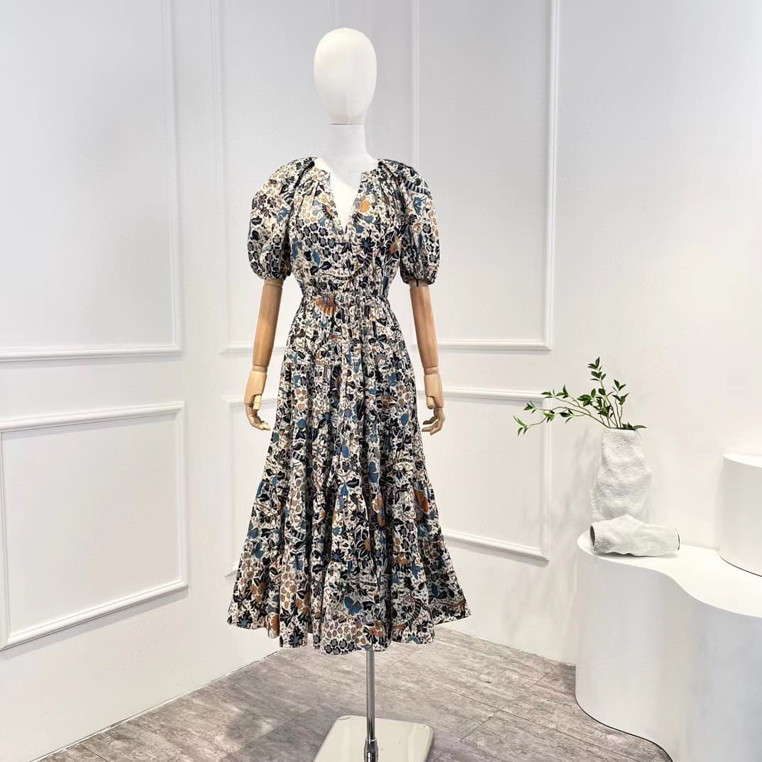 VÁY CAMILLA Summer Vacation Original V-Neck Floral Cotton Balloon Sleeve Midi Dress High Classy