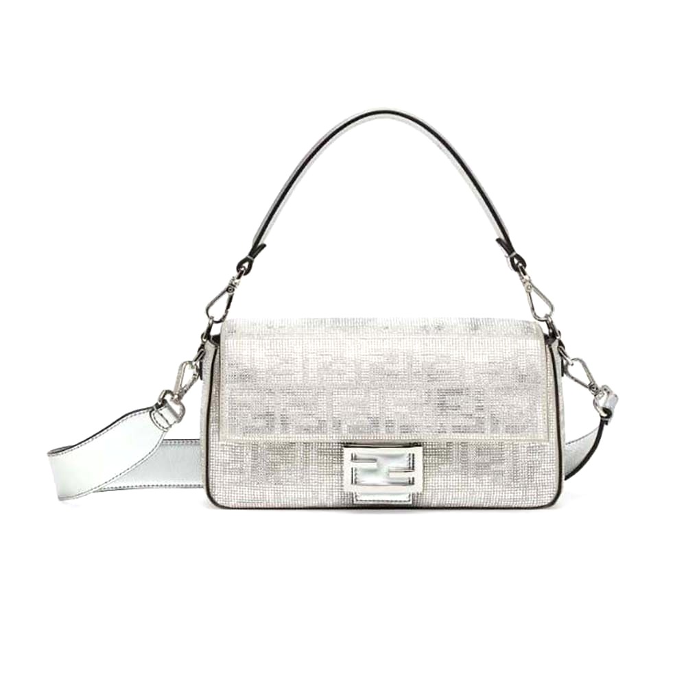 TÚI FENDI Women Baguette Silver Leather Bag with Crystal FF Motif
