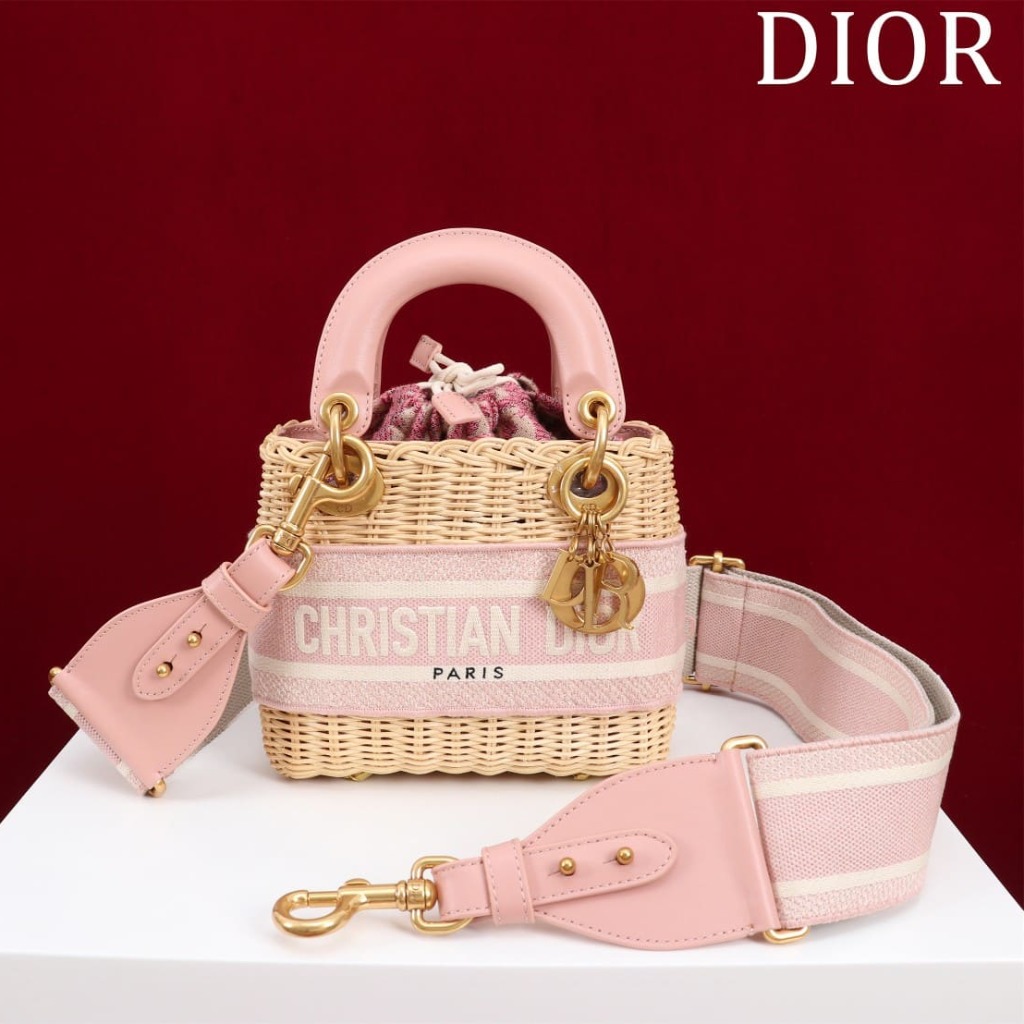 TÚI Dior Women Mini Lady Dior Bag Natural Wicker and Pink Dior Oblique Jacquard dệt tay bằng liễu gai