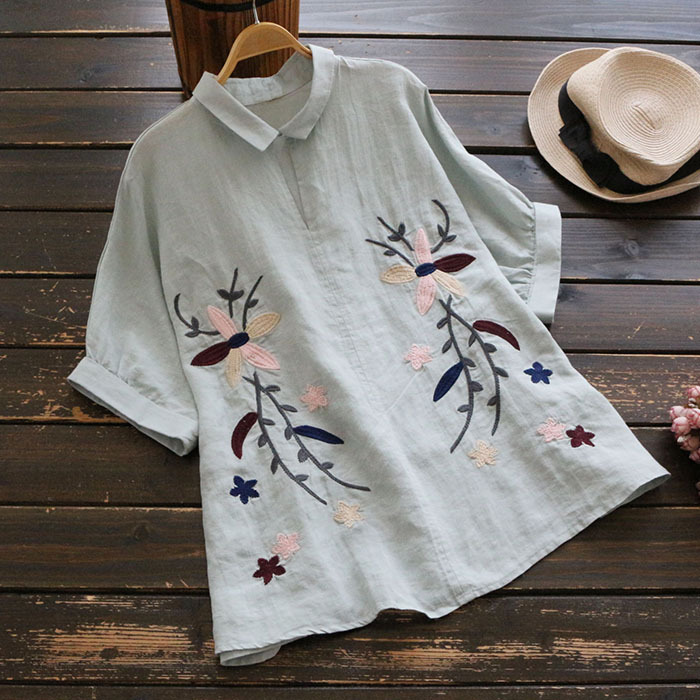 Áo Sơ Mi Linen Cánh Dơi Thêu Hoa