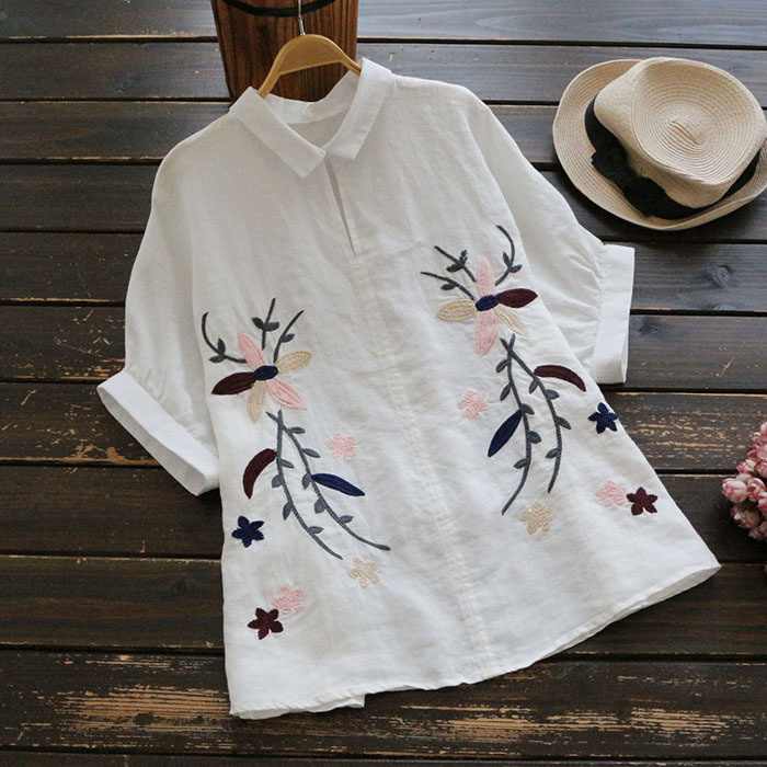 Áo Sơ Mi Linen Cánh Dơi Thêu Hoa