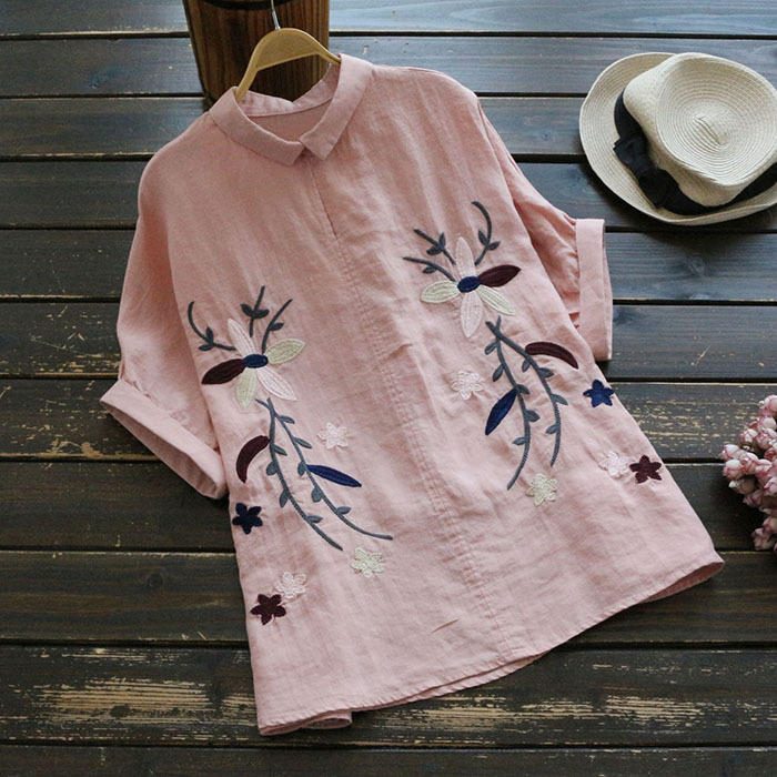 Áo Sơ Mi Linen Cánh Dơi Thêu Hoa