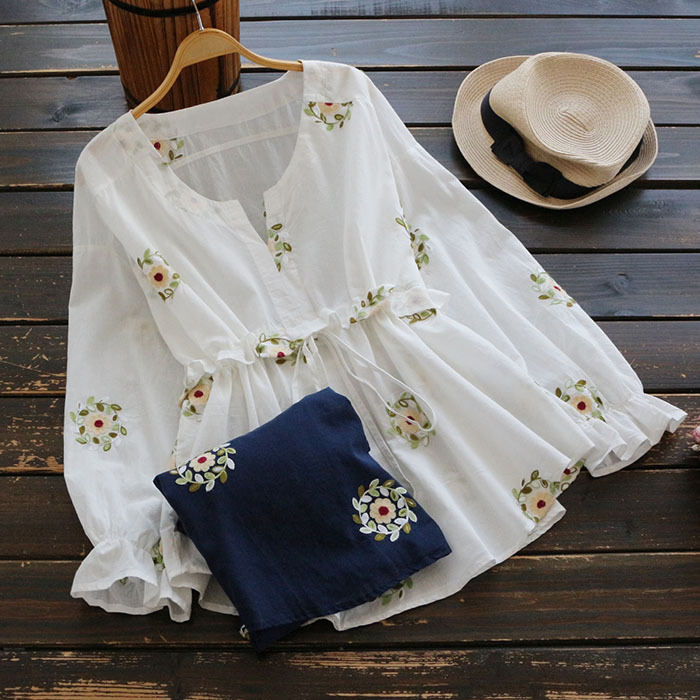 Áo Sơ Mi Nữ Thêu Hoa Thắt Eo Thời Trang