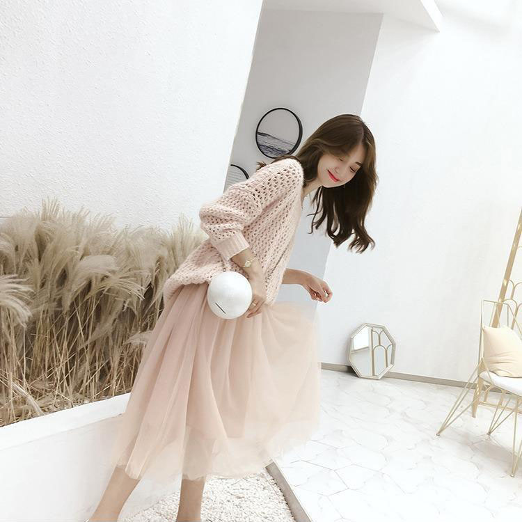 Set áo len lưới kèm chân váy thời trang bán lẻ