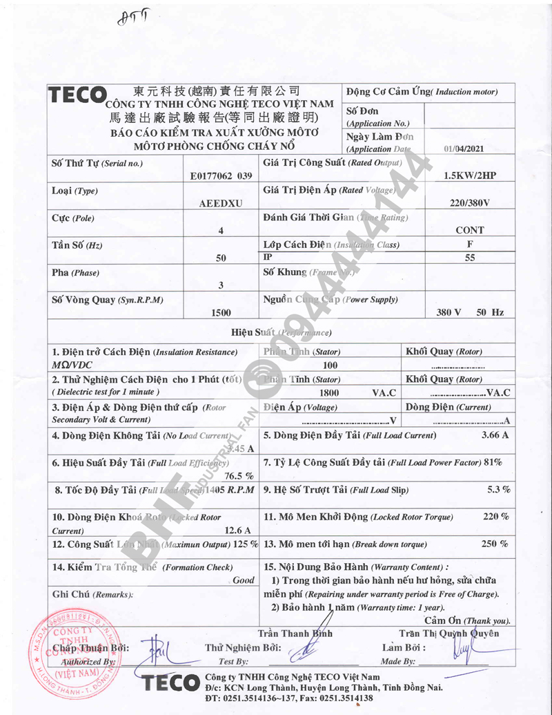 Giấy xưởng xuất motor phòng chống cháy nổ do nhà máy Teco tại Việt Nam cấp
