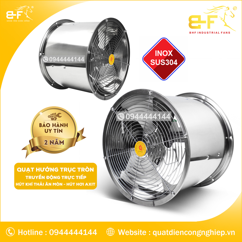 Quạt hướng trục tròn inox 304 hút hơi axit, hóa chất ăn mòn