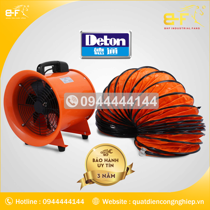 Quạt hướng trục xách tay Deton DVT nối với ống thông gió mềm simili