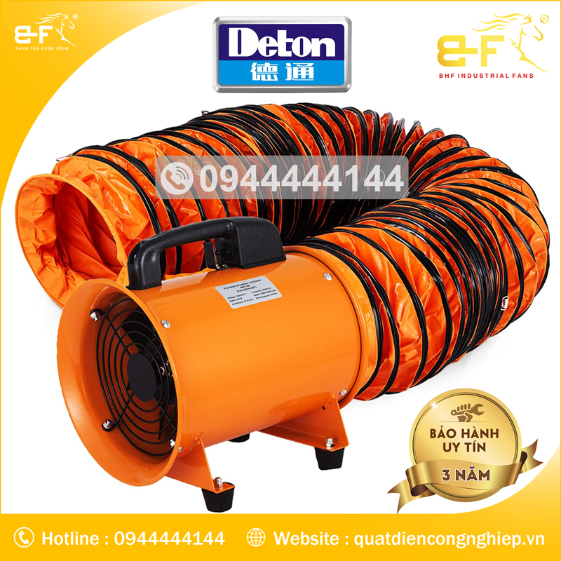Quạt hút xách tay Deton DVT nối với ống thông gió mềm simili