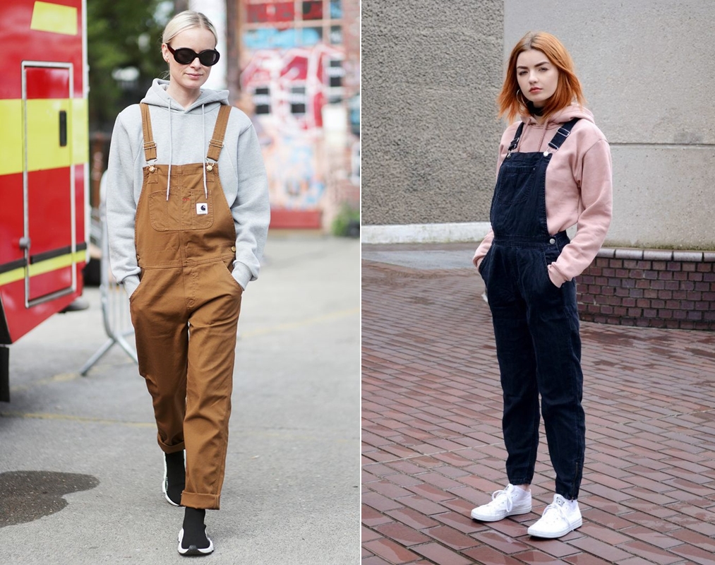Mix áo hoodie oversize cùng quần yếm tạo nên vẻ ngoài đáng yêu