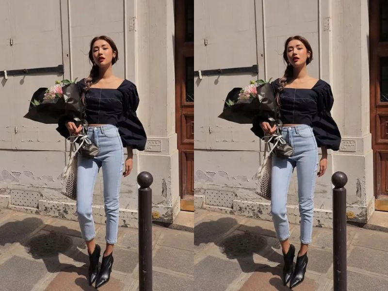 Phối boot ulzzang cổ ngắn với áo crop và quần jean cạp cao