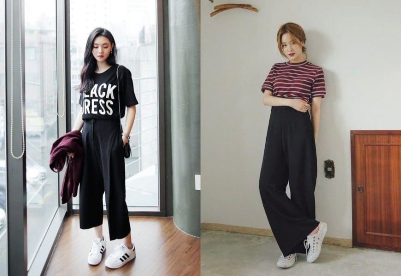 Mẹo phối giày thể thao với quần ống rộng hoặc culottes