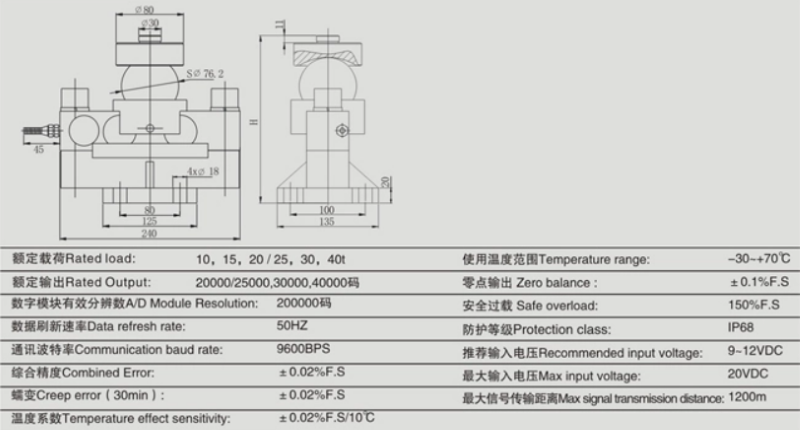 Bản vẽ kỹ thuật cấu tạo chi tiết loadcell kỹ thuật số - QSD 20 tấn của Keli