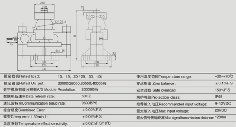 Bản vẽ và thông số kỹ thuật chi tiết loadcell QSD 30 tấn của thương hiệu Keli