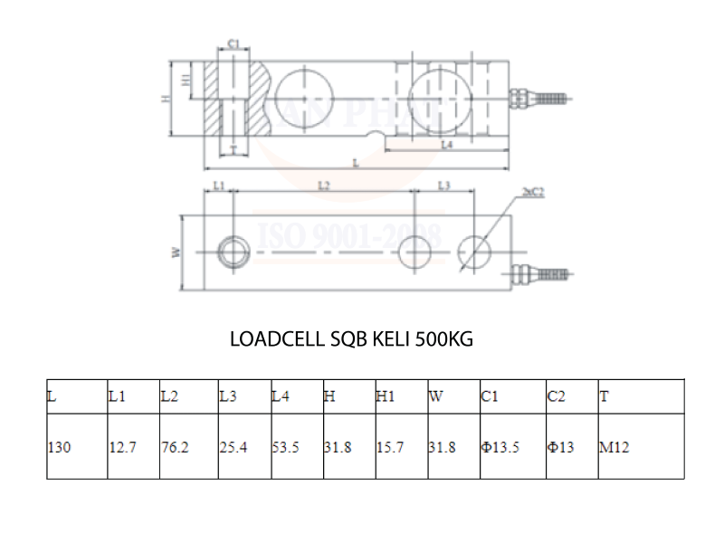 Bản vẽ cấu tạo chi tiết loadcell SQB 500kg Keli