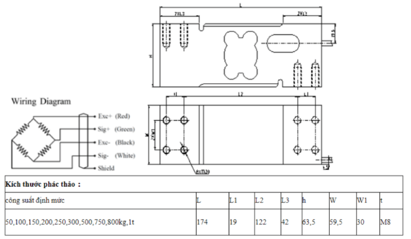 Bản vẽ kỹ thuật chi tiết loadcell UDA 300kg do Keli sản xuất