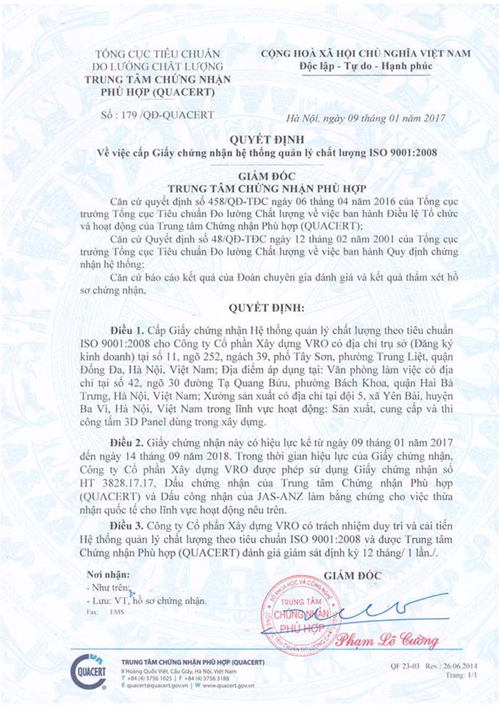 hình ảnh giấy chứng nhận tiêu chuẩn iso tấm 3d panel vro
