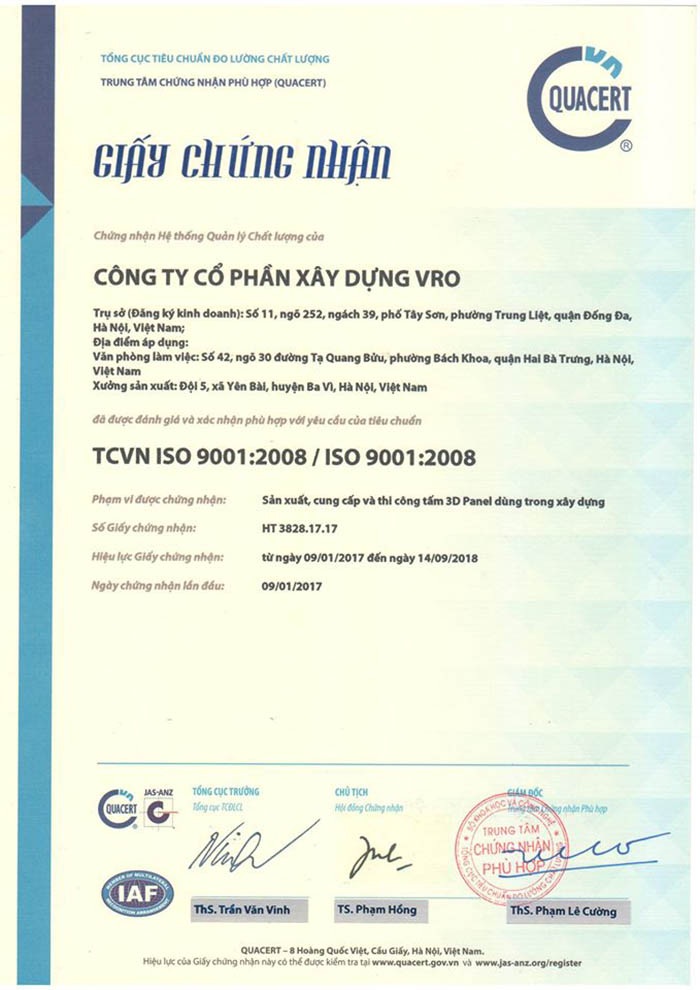hình ảnh giấy chứng nhận được sản xuất và sử dụng tấm 3d panel vro