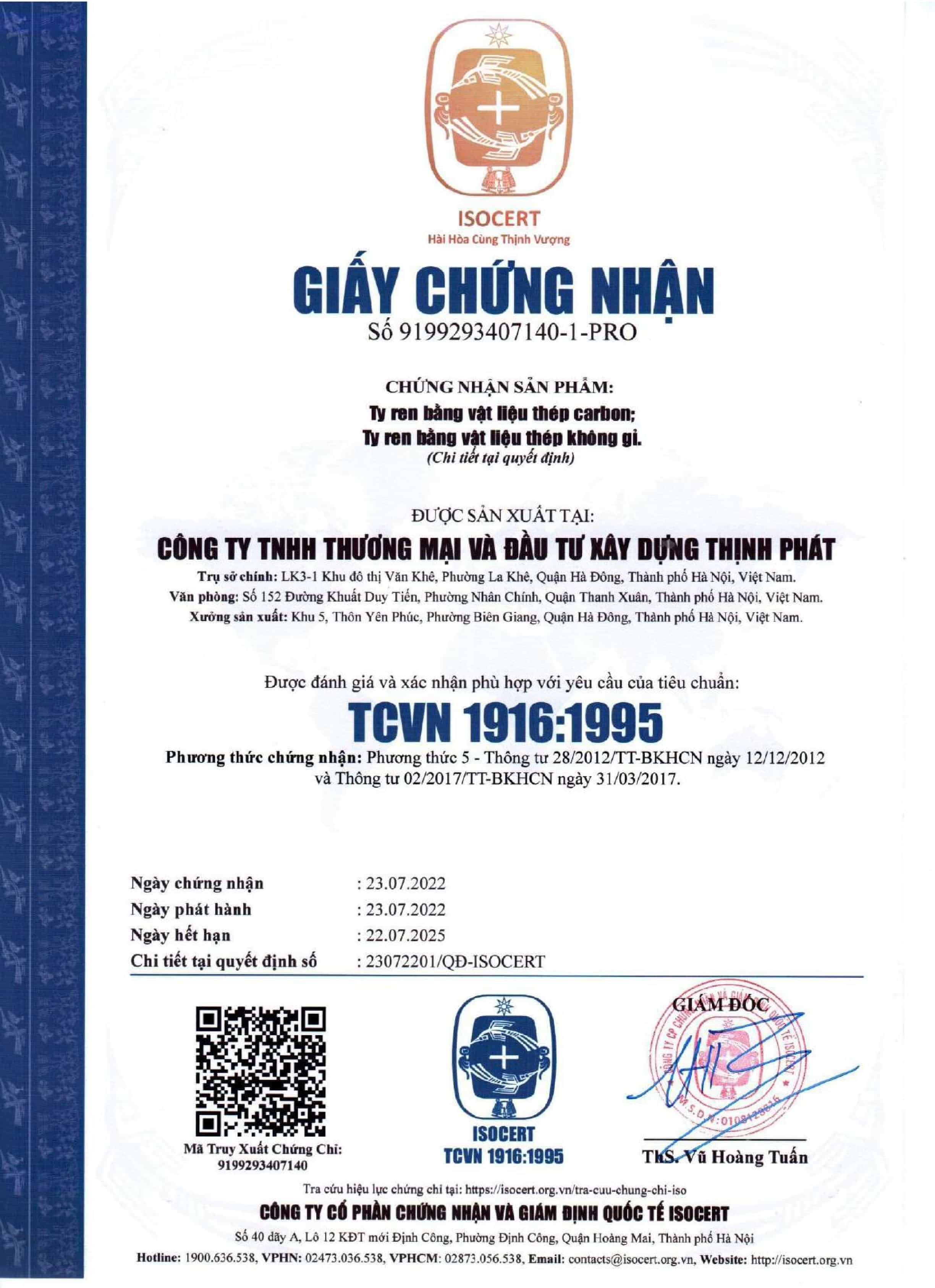 Giấy chứng nhận Ty ren Thịnh Phát đạt tiêu chuẩn TCVN 1916:1995