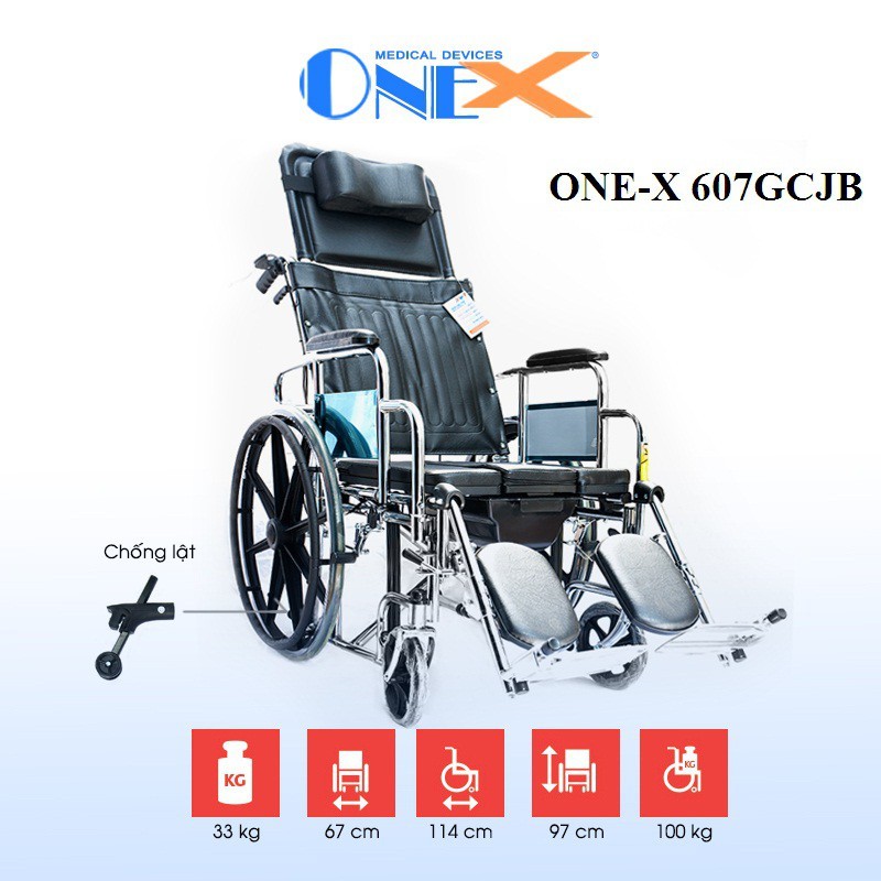 Xe lăn đa năng có thắng bánh mâm cao cấp 6 bánh có thể tiếp đất chống lật TBYT ONE-X 608LGCJB