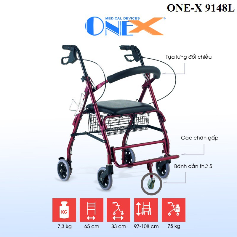 Khung tập đi năm bánh có giỏ hợp kim nhôm TBYT ONE-X 9148L